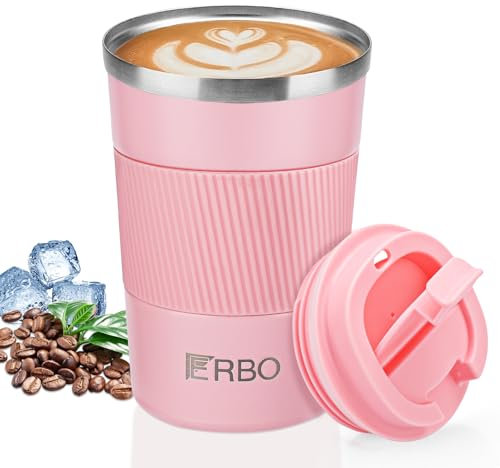 ERBO Taza de café para llevar, taza térmica de café para llevar, 380 ml, a prueba de fugas, taza de café con tapa, taza de café para llevar, taza térmica de acero inoxidable para agua, té, café (rosa)