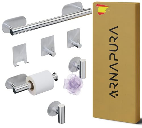 ARNAPURA Toalleros de Baño sin Taladro | Pack 7 PCS Accesorios Baño sin Taladro de Acero Inoxidable 304 | Incluye Adhesivo Ultraresistente Tipo de Baños (Plata)