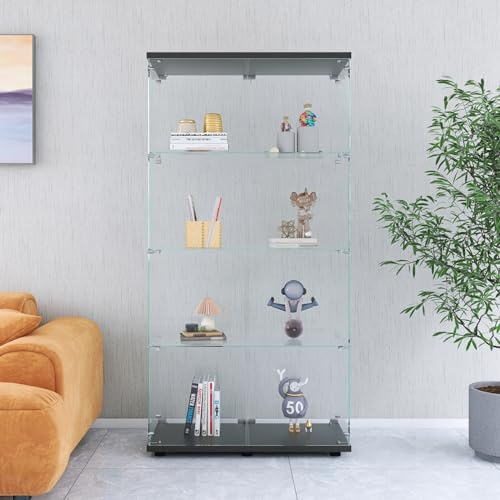 MIOOSUT Vetrina in vetro, 4 ripiani, 80 x 36 x 164 cm, armadio portaoggetti in vetro su piedistallo, doppia porta, vetrina da collezione, per camera da letto, soggiorno e sala da pranzo (nero, 2 ante