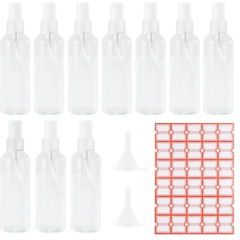 Kolamom 10 flaconi spray piccoli 100 ml, nebulizzatori vuoti per viaggi, nebulizzatori con 2 imbuti ed etichetta, bottiglie spray in plastica trasparente da riempire per profumi