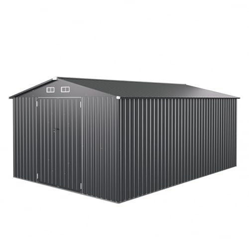 COSTWAY 12x8FT/12x12FT/14x10FT Metal Garden Shed, Galvanized Outdoor Storage Shed with Lockable Doors, 4 Air Vents & Sloping Roof, Weatherproof Tool Storage House (Dark Grey, 14x10FT)
