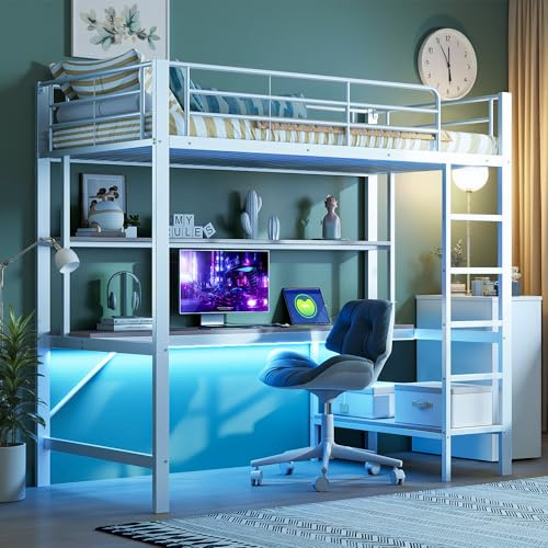 Wyibwy Cama alta para niños de 90 x 200 cm, cama individual de metal con enchufes USB y eléctricos, iluminación LED, escritorio, con barandillas y escalera, varios estantes, sin colchón, color blanco