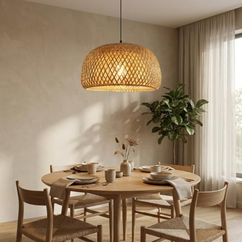 Alpinaluz Lámpara Colgante de Mimbre y Bambú Beige ø380mm con Pantalla Doble Capa Hemisférica, Portalámparas de Madera y Cable Negro Ajustable para Iluminación Decorativa en Comedor, Salón