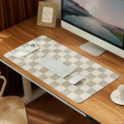 Ohocut Checkered Desk Mat, 31.5 x 15.7 Large Cute Beige Khaki Aesthetic Retro Accessories, PU Leather Computer Laptop Desk Mat Mouse Keyboard Pad, Desk Writing Makeup Mat for Vanity/Work/Home Decor