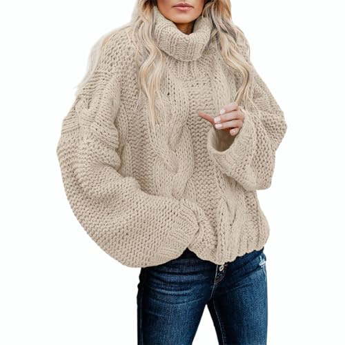 NSICBMNO Khaki Roll Neck Jumpers for Women UK Cable Knit Jumper Oversized Sweater Long Sleeve Tunic Tops Baggy Sweatshirt Polo Neck Tops Knitted Sweater Pullover Casual Sweatshirts Loose Blouses
