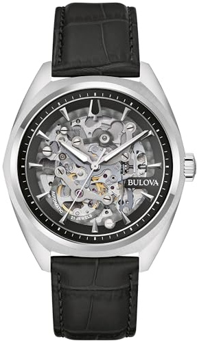 Bulova Men's Automatic Dress Classic Surveyor Watch, Black Leather Strap, Full Skeleton Dial, 42 Hour Power Reserve, 41mm, Black Strap/Silver, Watches