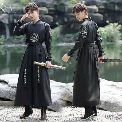 Vinter Varm Herr Hanfu Kappa Kinesisk Traditionell Broderi Svart Cape Man Christmas Cos Kostym Tjock Hanfu, 2 Pcs Set, XXL