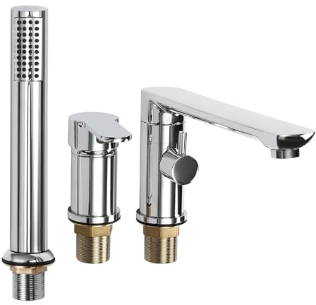 Rubinetto per vasca da bagno a 3 fori, bordo vasca con doccetta estraibile, cromato, girevole a 360°, rubinetto per vasca da bagno, vasca da bagno, vasca da bagno in ottone