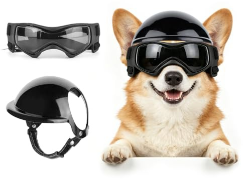 LESYPET Dog Helmet and Goggles for Medium Breed, Pet Motorcycle Helmet with Ear Holes, UV Protection Dog Sunglasses for Outdoor Activities/Riding/Walking