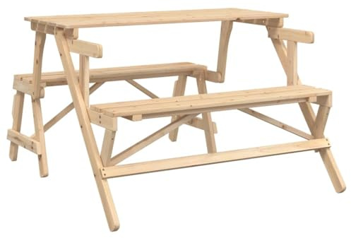 QJBSAVVA Tavolo da picnic 2 in 1 con panche in legno massello di abete, panca da giardino multifunzione con schienale, gruppo di sedute pieghevole per giardino, terrazza ed esterni, 110 x 133 x 72 cm