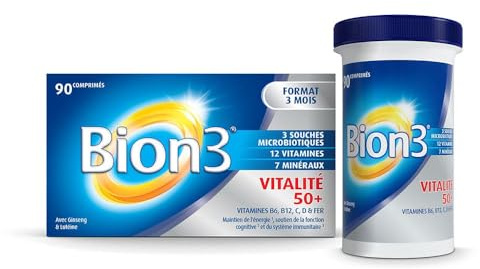 Bion3 Énergie 50+, Multivitamines pour l’énergie physique et mentale¹ et la réduction de la fatigue¹. Contient les vitamines C,B12, B1, B2, B3, B5, B6, B8, A, D, Zinc, Fer, Probiotiques, 90 comprimés