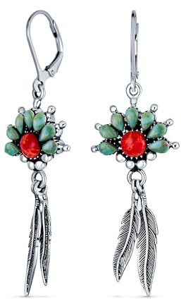 Pendientes colgantes de palanca con plumas, turquesa y coral estilo nativo americano del suroeste, joyería occidental para mujeres adolescentes de plata esterlina .925