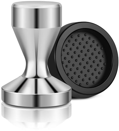 Flexzion Prensador de café de 51 mm con mango de agarre y base plana de acero inoxidable, Accesorios de cocina, cafetería y barista, Color Plata