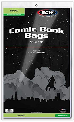BCW Resealable Graded Comic Book Bags - Pack of 100 | Crystal Clear Polypropylene Sleeves for CGC and CBCS Slabs | Acid-Free, Archival Quality Resealable Comic Book Protectors - 9x14