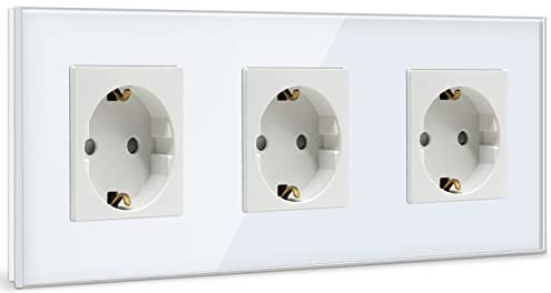 BSEED Schuko Steckdose 3 Fach Kristall Glas Platte Steckdose Glas Schuko Dreifach Steckdose 16Amp Steckdose Weiß Verlängerungssteckdosen Wandsteckdose-228mm