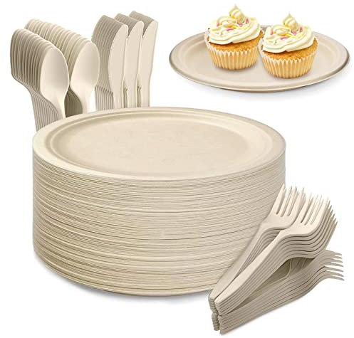 Yidaxing 200Pcs Assiettes Jetables en Canne à Sucre Biodégradables, Vaisselle Écologique, Grande Assiette Fourchettes Couteaux Cuillères pour Fête Camping et Pique Niques (17.8cm Couleur du Bois)