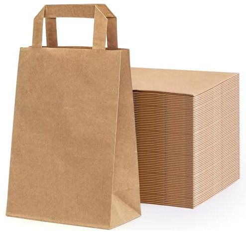 50 Stk Verdickt Papiertragetasche mit Flachgriff, Papiertüten Braun, Papiertüten mit Henkel, Henkeltüten Set, Geschenktüten für Geburtstag, Verpackungen, Weihnachten, DIY adventskalender(23*18*9cm)