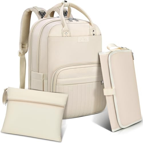 RAINSMORE Sac a Langer Bebe Grand Sacs à Dos à Langer avec 1 Matelas à Langer et 2 Sangles de Poussette Sac à Langer avec Sac Isotherme Unisexe Blanc