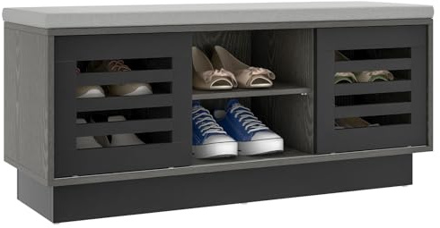 COSTWAY Banco Zapatero, Zapatero con Asiento con 6 Compartimentos de Almacenamiento y 3 Estantes Ajustables, Banco para Zapatos con Cojín y 2 Puertas Correderas para Entrada (Gris y Negro)