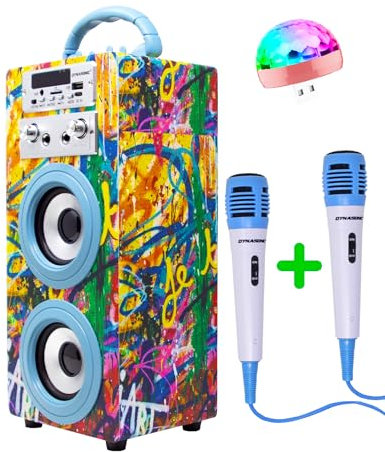 Máquina de Karaoke Portátil DYNASONIC, Altavoz Karaoke con 2 Micrófonos, Altavoz Bluetooth, Luz USB incluida, Lector USB y SD, diseño Exclusivo, Regalo Original (025-22 luz)