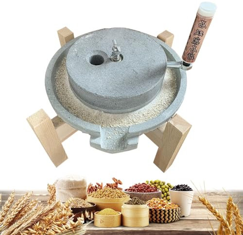 KUOYTT Mulino in Pietra di Granito Naturale, Mulino a Mano per Pasta di Noce Moscata, macina per Cereali a Secco/Umido, Ornamento Classico in Pietra con Cornice in Legno