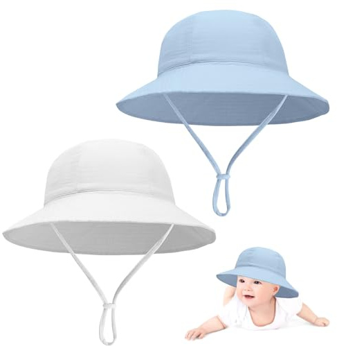Risipu 2 Pcs Baby Sun Hat with Adjustable Chin Strap 100% Cotton Soft Bucket Hat for Newborns 3-12 Months Toddler Fishing Hats for Boys & Girls (Age 3-12 Months, White+Blue)