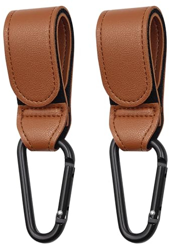 Pram Hook for Bags - Universal Pram Accessories, Pram Bag Holder Made of Leather, 5 kg Load Capacity per Carabiner, Pack of 2 (Brown)