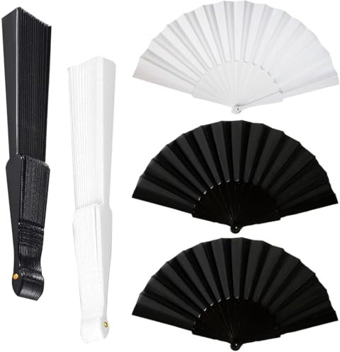 FNSIGHD 3 Pcs Black and White Handheld Fan Folding, Silk Fabric Plastic Hand Held Fans Folding, Elegant Durability Paper Fans, for Wedding, Party, Dance Performance, Role Play, Gift Giving