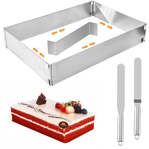 Zyiphor Cadre Pâtisserie Rectangulaire Extensible Moule Carré en Acier Inoxydable 18-53cm Moule à Gâteau Mousse Dessert Pizza avec 2 Spatules pour Cuisson Décoration Famille Restaurants