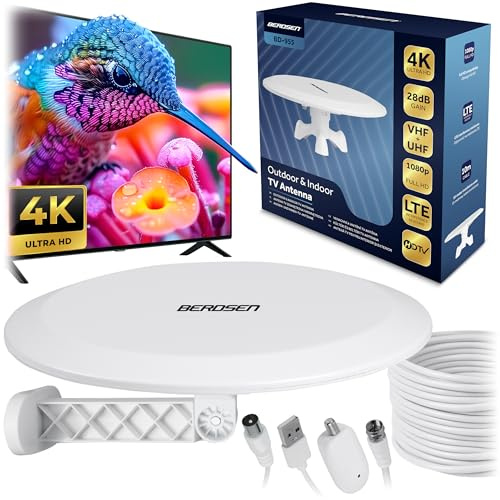 Berdsen DVBT2-antenn med förstärkare 28 dB – inomhusantenn TV – 10 m kabel – 80 km räckvidd LTE filter DVB-T DVB-T2 – vit