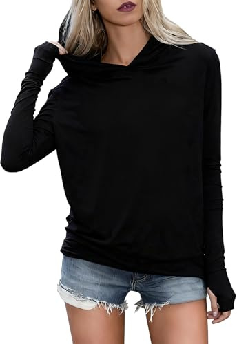 T-shirt à manches longues pour femme avec capuche à col châle - Haut décontracté avec trous pour les pouces - T-shirt doux et polyvalent pour les loisirs et le yoga