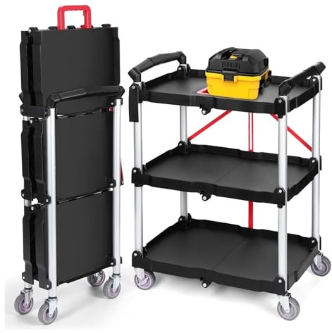 Robuster 3-stöckiger faltbarer Arbeitswagen mit Rädern, 165 kg Kapazität, keine Montage erforderlich, perfekt für Zuhause, Büro, Schule, Garage und Lager