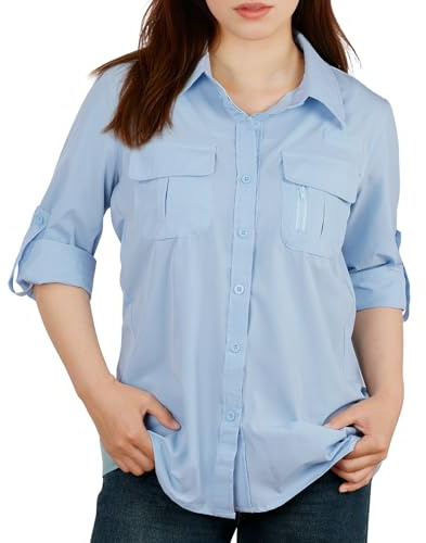 BSBUY Women's UPF 50 Shirts Ladies Safari Sun Shirts Quick Dry Fishing Hiking Shirts Lightweight Outdoor Tops Button Up Outfits Blouses with Pockets Long Sleeve UV Protection Shirt Blouses