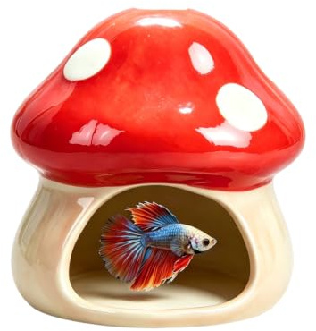 ANMOO Cute Mushroom House Betta Fish Tank Accessories Decor (Red)