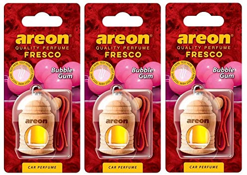 AREON Fresco Auto Bubble Gum Duft Kaugummi Rot Glas Duftflakon Flakon Holz Hängend Anhänger Spiegel Set 4ml (Pack x 3)