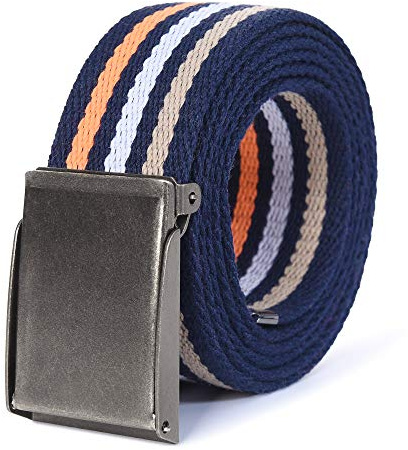 Mile High Life Canvas Web Belt | Cut to Fit Up to 52 | Flip-Top Matte Silver Nickel Buckle 12 Colors-(Navy White)