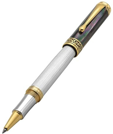 Xezo Maestro Stylo roller fin en argent massif 925 et nacre océanique entièrement réalisé à la main et sérialisé. Plaqué or 18 carats. Il n'y en a pas deux pareils