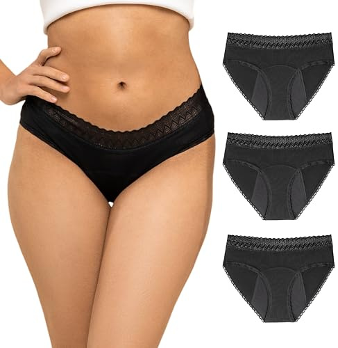 ZENAPHYR Bragas Menstruales Negras Ecológicas - Bragas de Mujer de protección Absorbente y Lavable - Ropa Interior Mujer Ecológica para el periodo - Lote de 3 - L