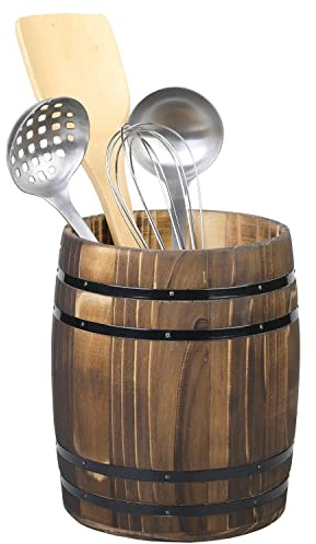 MyGift Wine Barrel Design Kitchen Utensil Crock, Vintage Rustic Burnt Wood Cooking Tool Holder