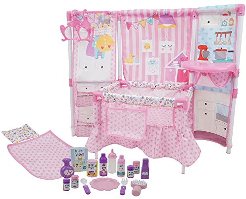 509 Crew BnB Pink Doll Furniture Set - 14'' Baby Doll, Built in Highchair & Play Yard, Accessories, Kids Pretend Sleep Play Set Ages 3+ (T797025)