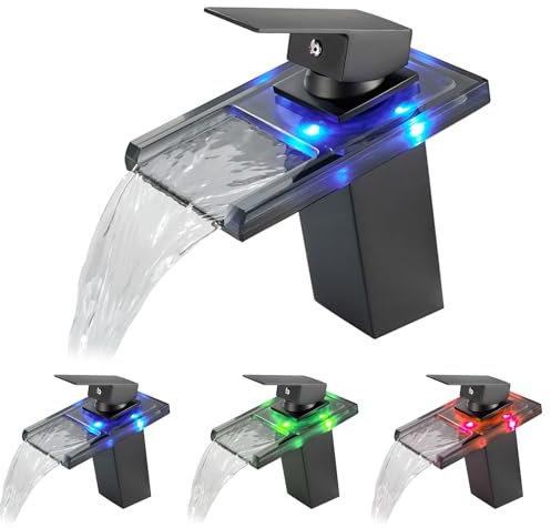 KEOKBON LED Lichter Bad Wasserhahn Schwarz, Farbtemperatur Wasserfall Waschtischarmatur, Waschtischbatterie, Kaltes und Heißes Wasser Vorhanden, Einhandmischer Waschbecken Armaturen