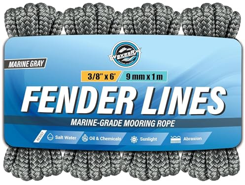 WavesRx Premium Fender Line - 4 Pack | Double Braided Nylon Boat Lines and Ropes for Docking Buoys & Fenders | Marine Dock Ropes for Boats, Pontoons (Marine Gray)