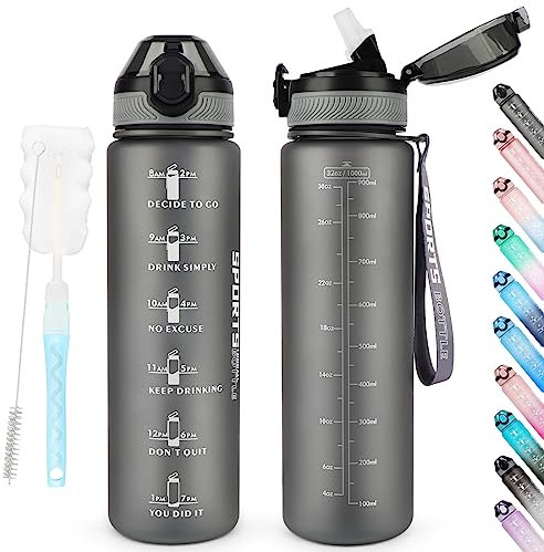 AOHAN Bouteille d'eau de 1 L sans BPA avec paille, passe au lave-vaisselle, couvercle anti-fuite, bouteille d'eau motivante avec marquages de temps, non toxique