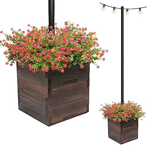 Large Decorative Wooden Planter w/ Universal Pole Support for String Light Poles, Umbrellas, Bird Feeders. Solid Wood Outdoor Garden Patio Box For Plants(Does not include Pole), 14x14x14, Brown