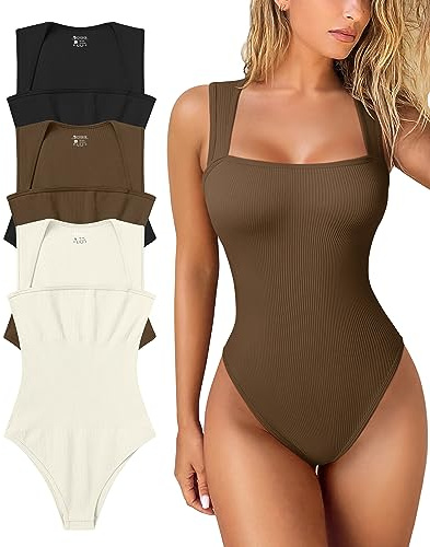 OQQ Women's 3 Piece Bodysuits Sexy Ribbed Strappy Square Neck Sleeveless Tummy Control Tank Tops Bodysuits, Black,coffee,beige, Medium