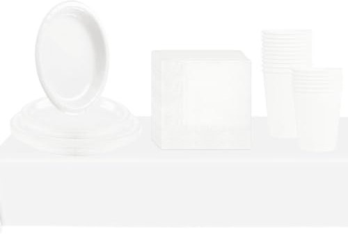 69 piezas Blanco Platos Desechable Juego de Vajilla Desechable Decoración Cumpleaños Fiesta,Platos Servilletas Copa de Papel y Mantel,para Bodas,Picnics,Baby Shower,Biodegradable,Compostables