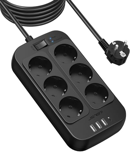 JSVER Överspänningsskydd för Grenuttag 6-vägs，Flera uttag Eldosor med Strömbrytare, 4USB-portar Laddare(5V3.4A/17W), Väggmonterat Distributionsuttag med Förlängningskabel 5M-Svart