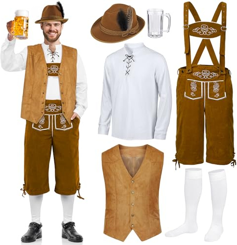 AOTHSO 6-pack tysk oktoberfest kostym set autentisk tysk Lederhosen skjorta bayersk väst strumpor ölmugg alpin hatt, Brun, XXL