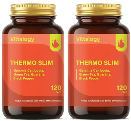 VITTALOGY Thermo Slim Quemagrasas Potente para Adelgazar con Efecto Termogénico de Garcinia, Té verde y Guaraná. Adelgazante Rápido y Efectivo. Fatburner Pérdida de Peso. 240 Cápsulas