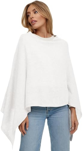 Poncho da donna, maglione lungo, lavorato a maglia, cappotto, per l'estate e l'inverno con lana e karschmir Made in Italy, bianco, L - XL